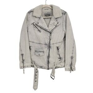 Levi's Acid Wash Cotton Sherpa Oversized Moto Jacket Sz S Light Gray‎ Belted